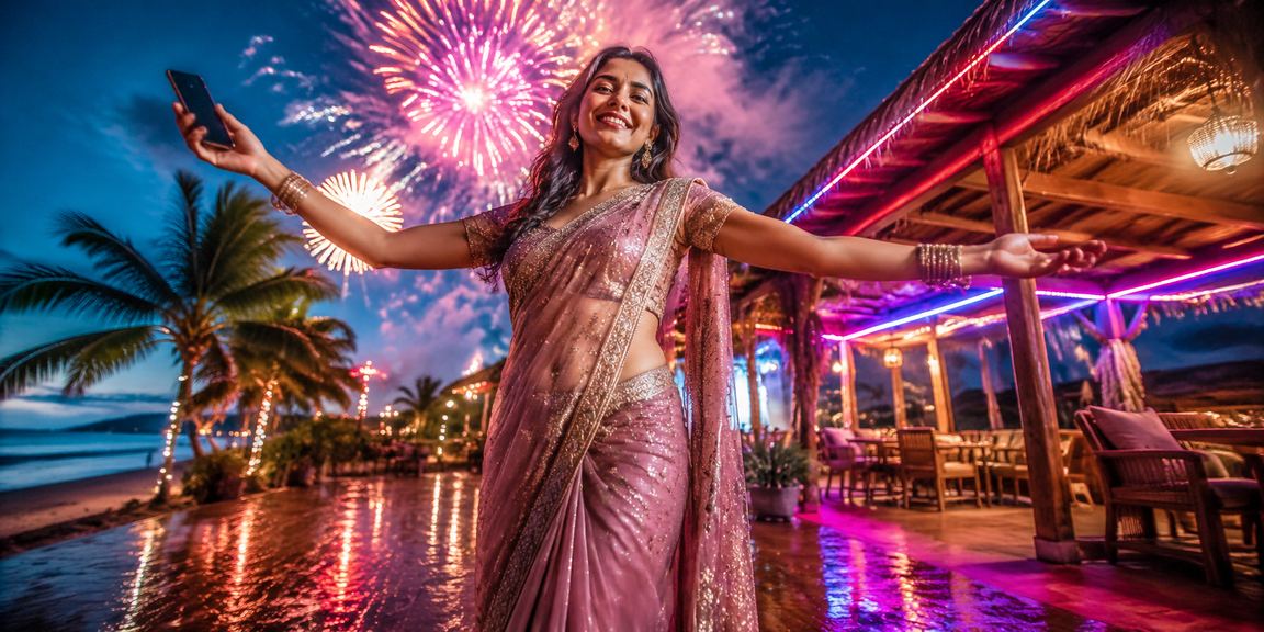 সেন্ট মার্টিন দ্বীপে শাড়ি পরা নারী মোবাইলে sona103 ব্যবহার করছেন
